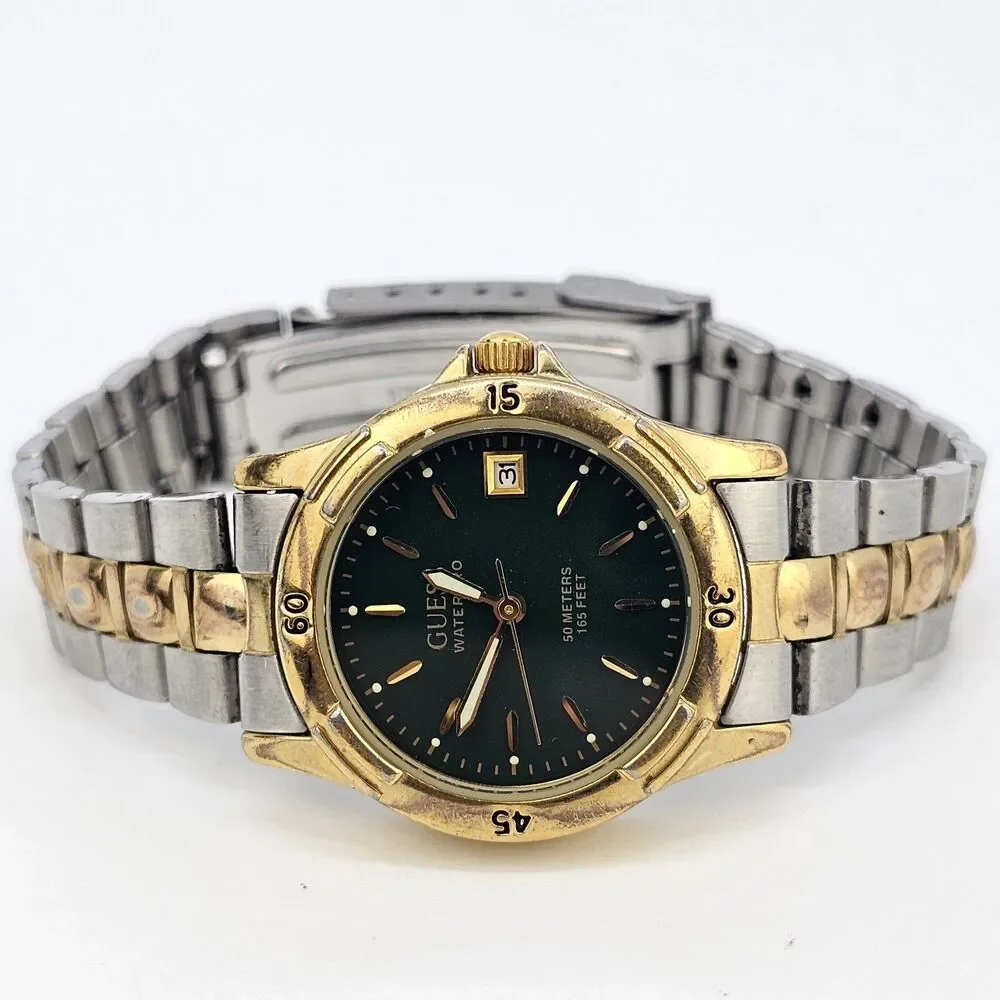 VTG Guess Women's Watch‎ 28MM Green Dial Date Two Tone Bracelet 6